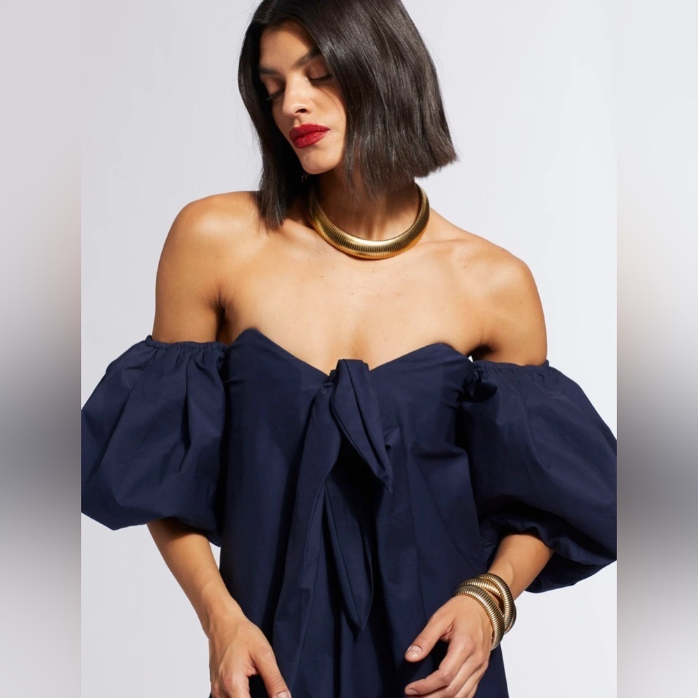 CAROLINE CONSTAS Iconic Palmer Reyna Dress Strapless in Navy Puffy sleeves - Picture 3 of 9